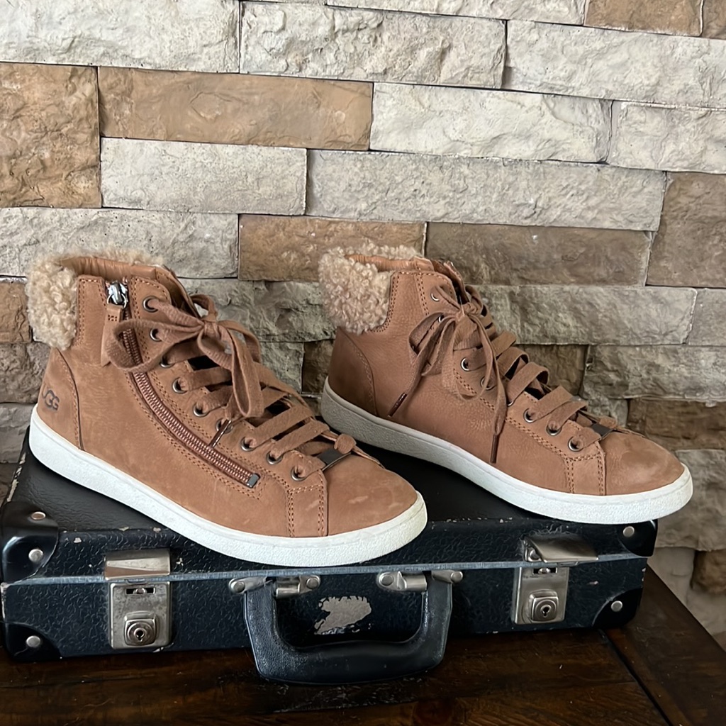 Ugg Chestnut Leather Shearling-Trim High-Top Sneakers